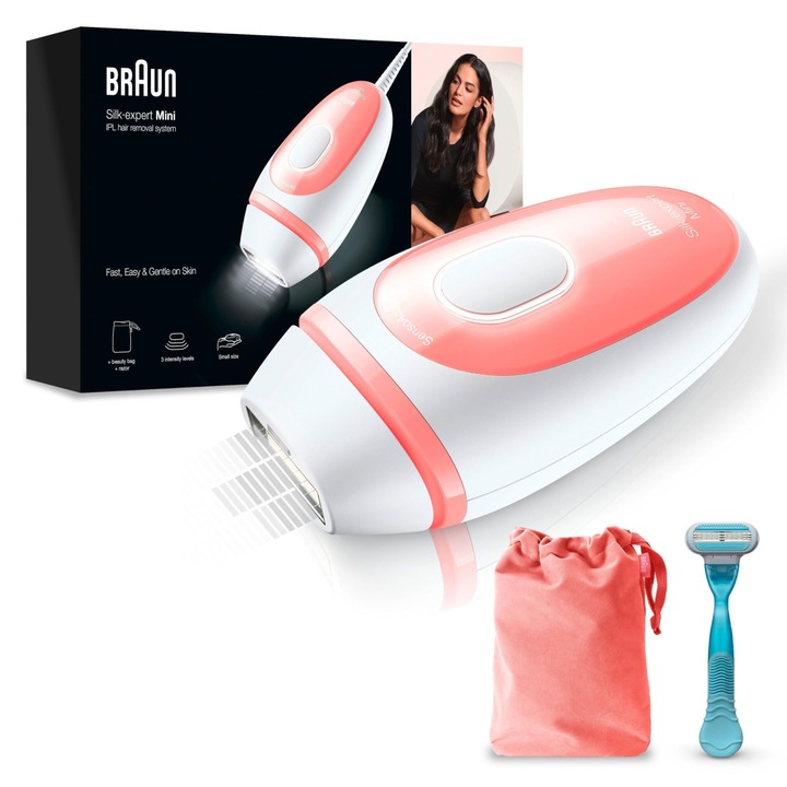 Епилатор Braun IPL Silk Expert Pro Mini, за жени, видимо премахване на косми, с куфар за пътуване, алтернатива на лазерната епилация, PL1014, бял/розов