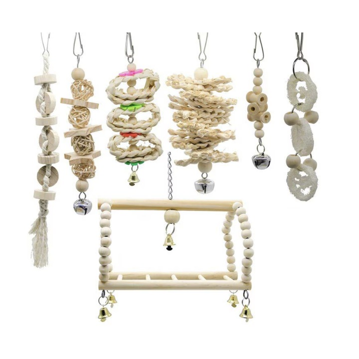 7 darabos papagájjáték-készlet, Fa színű, Fa