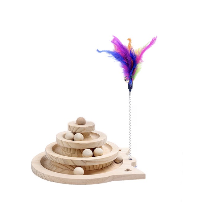 Interaktív macskajáték, fa, 3 szint, fa színű, 26x24x13,5cm