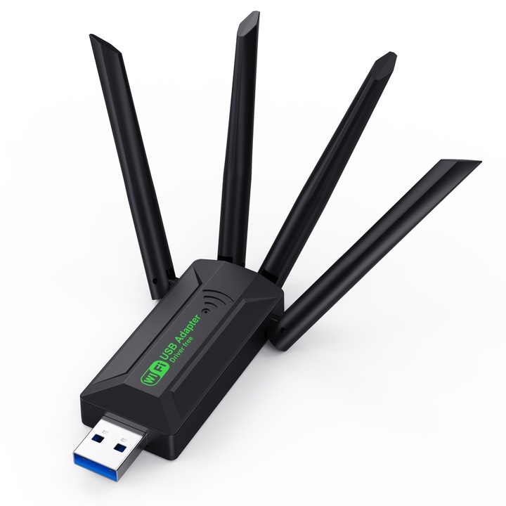 Гигабитов безжичен WIFI адаптер, усилвател на безжичен сигнал, разширител на обхвата, двулентов 2.4G/5G, 1200M WiFi мрежа, 1200MBs трансфер, 4 антени, USB 3.0, безплатен драйвер, черен