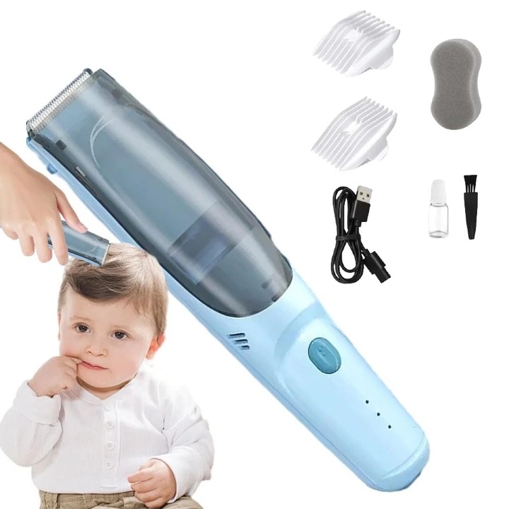 Masina de tuns pentru bebelusi, copii sau adulti, impermeabila IPX7, silentioasa, cu 2 niveluri de viteza, compartiment pentru depozitare par, functie de aspirare a parului, 2 motoare puternice, 3 piepteni incluse, Inox Aparat de tuns Sprancene