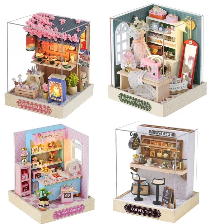 Set de materiale DIY 3D din lemn, 4 cutii, atelier, timp de cafea, casa de bomboane, pavilion de flori de cires