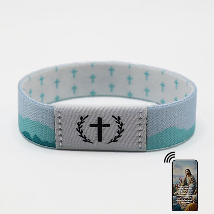 Bratara elastica cu versete biblice cu NFC incorporat, potrivita pentru barbati si femei si adolescenti, cadou ortodox, cadou perfect, Albastru alb
