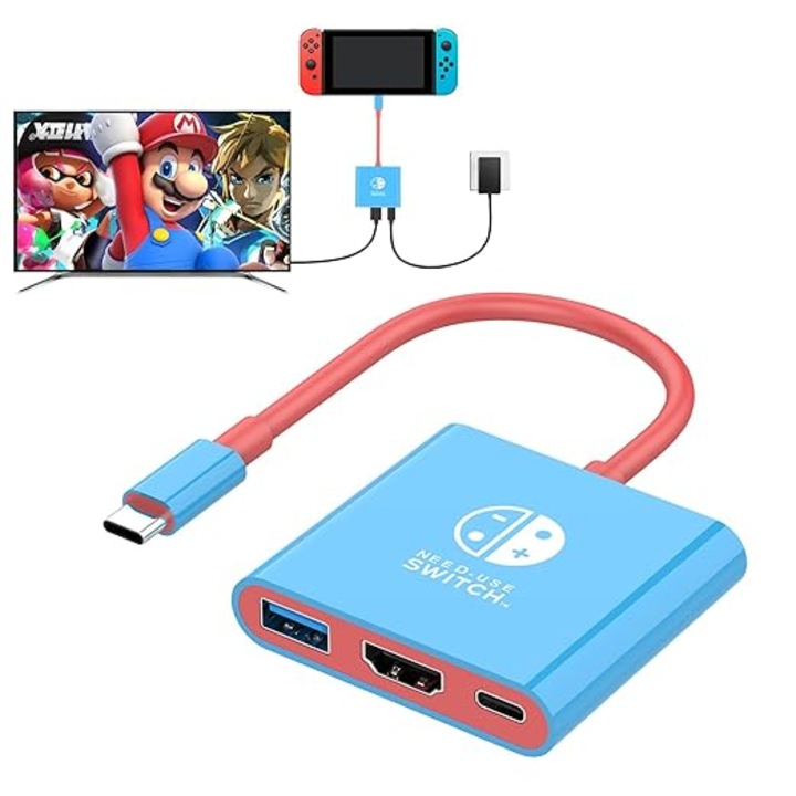 Adaptor Portabil pentru Nintendo Switch, OEMG®, 3in 1, suport 1080P, 4K/60HZ, 3 porturi HDMI 2.0 si USB 3.0+PD 100W, design portabil, Rosu/Albastru