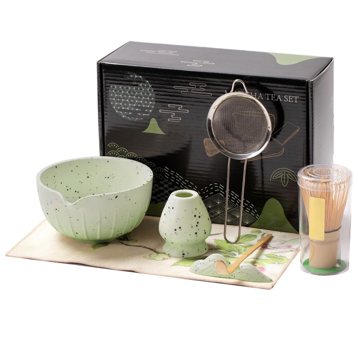 Комплект за чай матча, BYONDSELF®, Комплект от 7, Керамика/Бамбук, с купа за мача, поставка, кърпа, бъркалка, цедка, лъжичка за мача, зелен