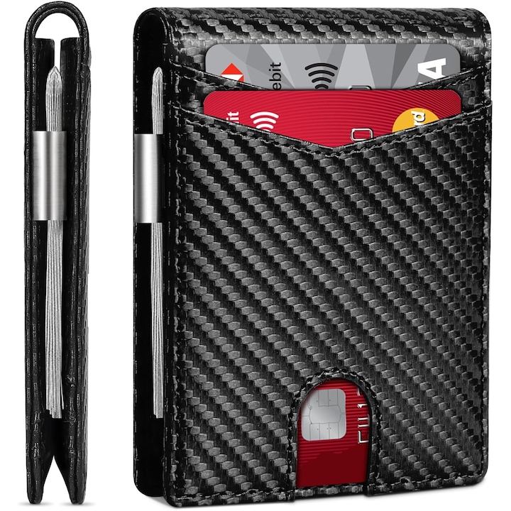 Portofel Pentru Barbati, BYONDSELF®, Subtire, 12 sloturi, protectie RFID, cu agrafa bancnote, Buzunar carte de identitate, Carbon din piele ecologica, Design Minimalist, Pliabil, Negru