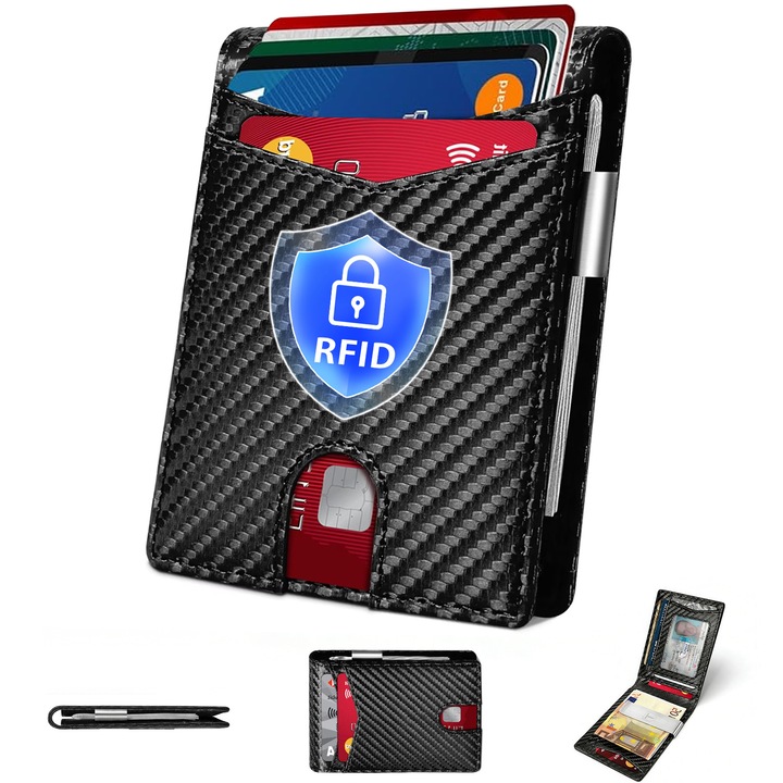 Portofel Pentru Barbati, BYONDSELF®, Subtire, 12 sloturi, protectie RFID, cu agrafa bancnote, Buzunar carte de identitate, Carbon din piele ecologica, Design Minimalist, Pliabil, Negru