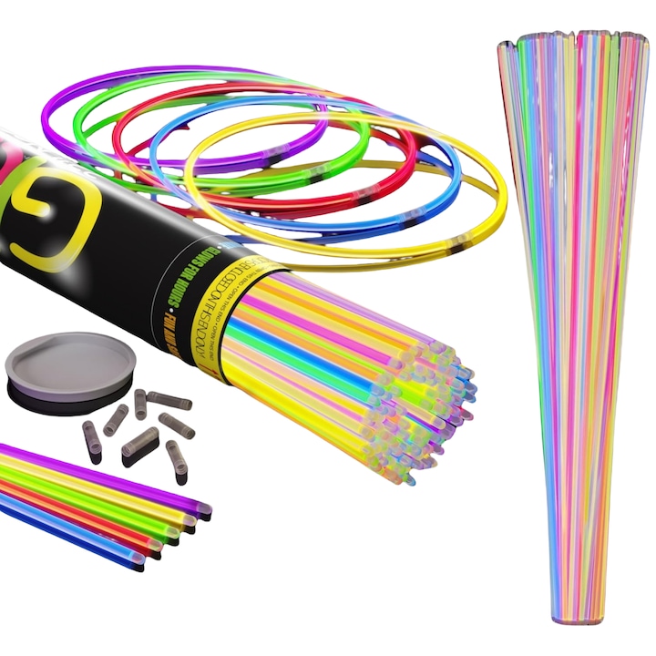 Комплект от 100 светещи гривни, RorAem, със 100 броя конектори, фосфоресциращи гривни, светещи пръчици, непрекъснато светене за 6-10 часа, ABS, сигурност, задължителен аксесоар за парти