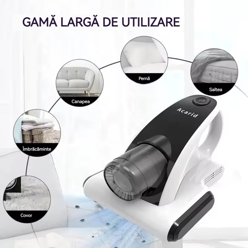 Aspirator antiacarieni, fara fir, 150 W, 12 KPa, reincarcabil prin USB, pentru casa, alb