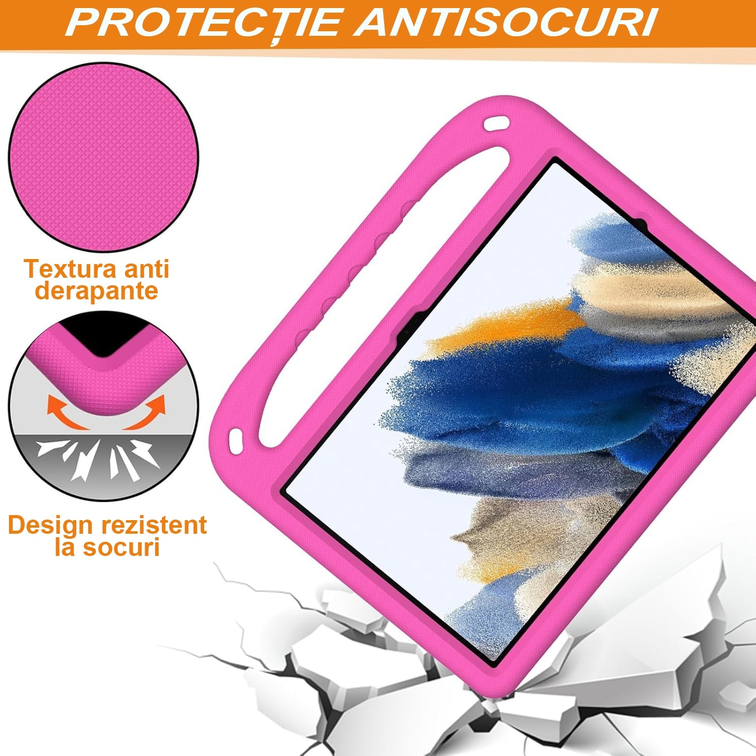 Husa rezistenta la cadere pentru tableta Samsung Galaxy Tab A9 Plus 11inch, Husa de protectie pentru tableta, Fudisenn®, Skid - Proof Texture, Support Multi - Angle Standing, Rezistenta La Socuri, Useful Handle, Roz