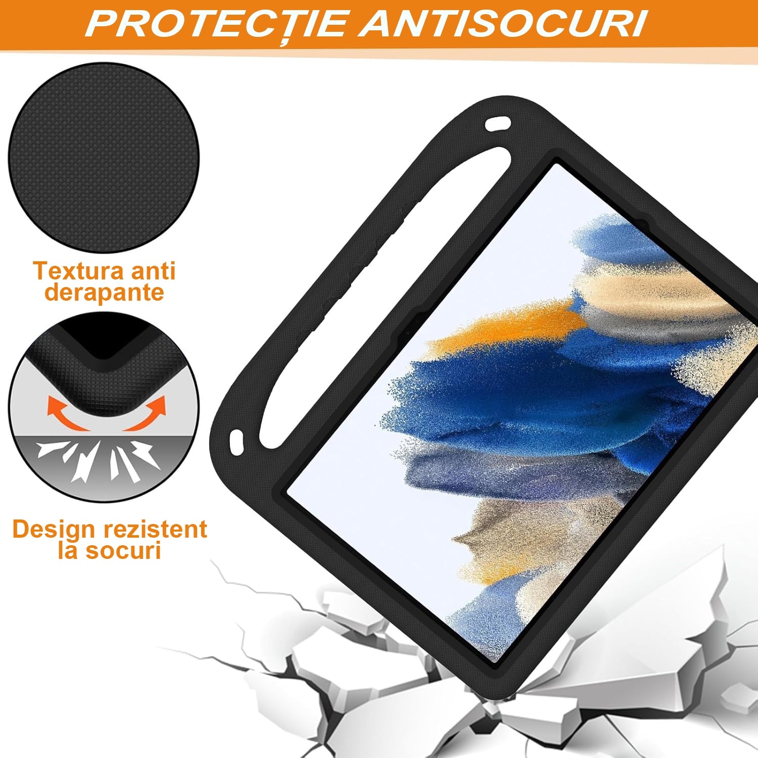 Husa rezistenta la cadere pentru tableta Samsung Galaxy Tab A9 Plus 11inch, Husa de protectie pentru tableta, Fudisenn®, Skid - Proof Texture, Support Multi - Angle Standing, Rezistenta La Socuri, Useful Handle, Negru