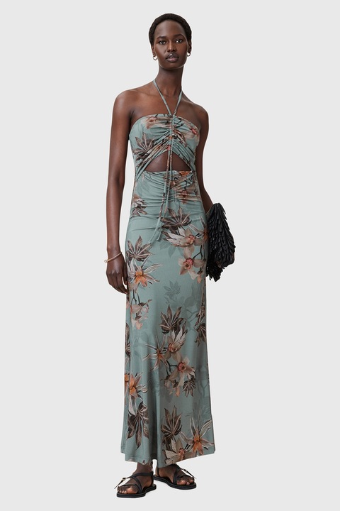 ALLSAINTS, Rochie maxi cu design cu fronseuri Celia, Portocaliu/Albastru prafuit, S