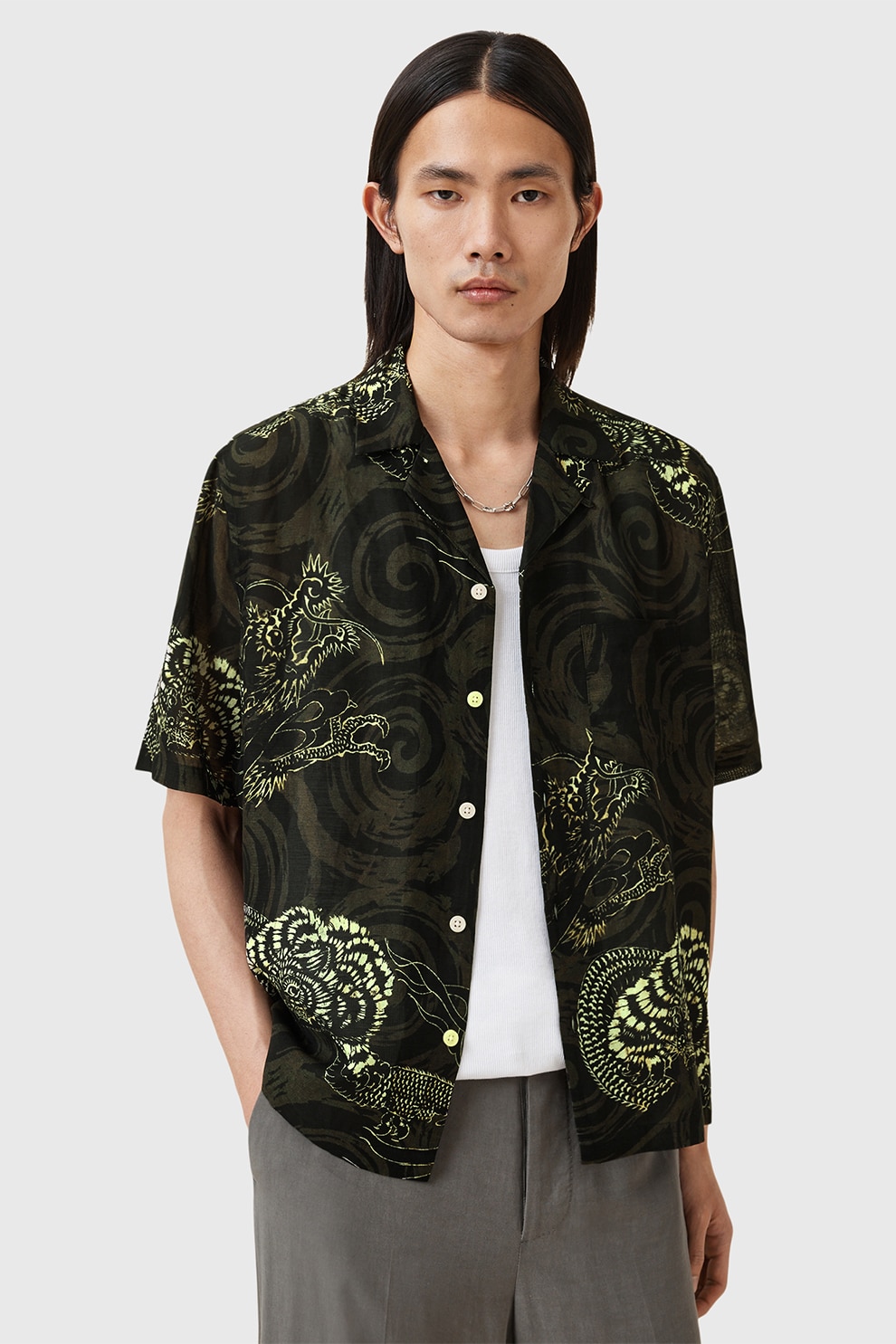 AllSaints, Camasa din amestec de in cu model chinezesc traditional Sidewinder, Negru, Verde padure, M