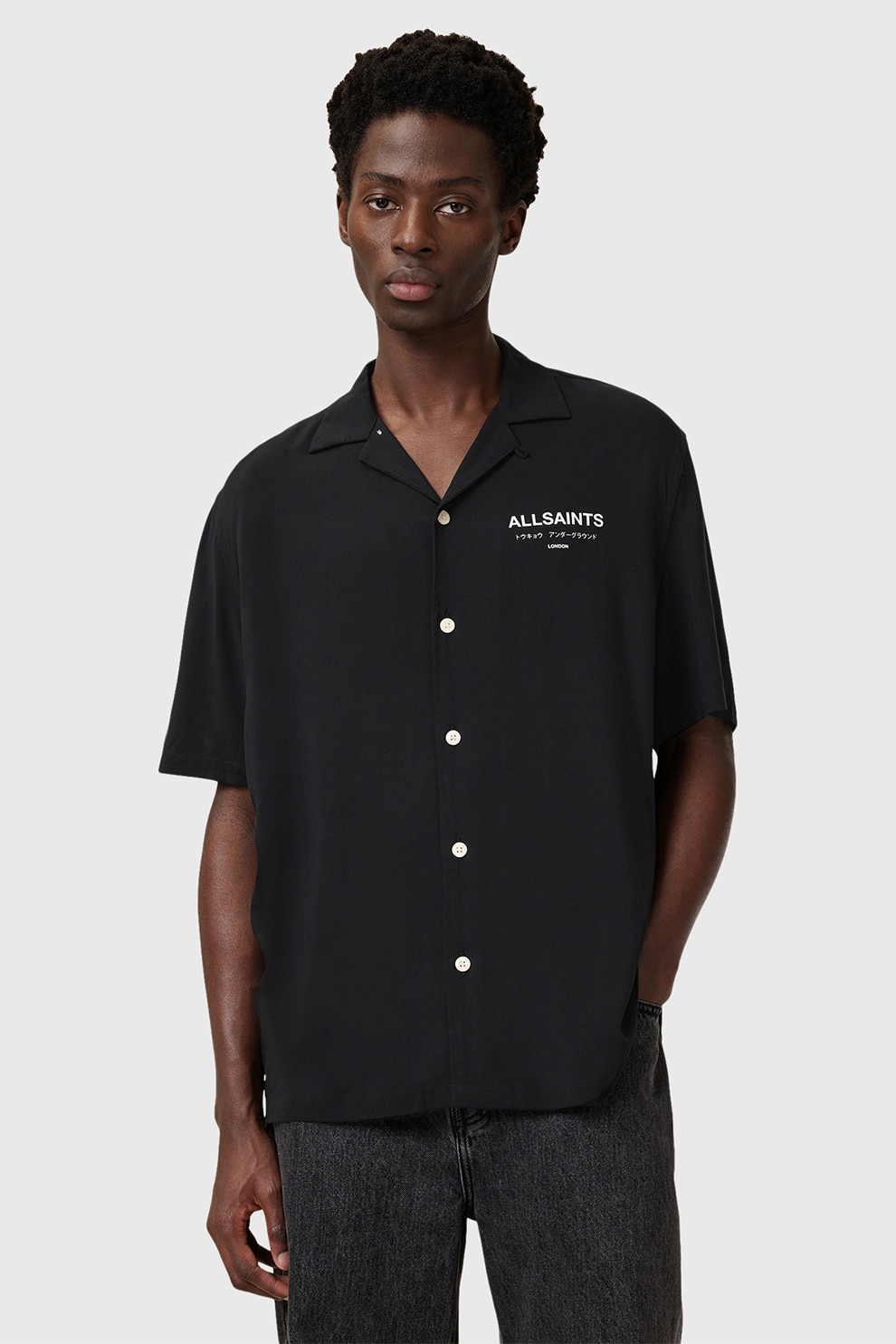 ALLSAINTS, Camasa regular fit cu logo Underground, Alb, Negru, M
