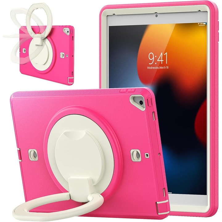 Калъф за таблет iPad 9/8 10.2", розов, със стойка и регулируема презрамка, три слоя защита