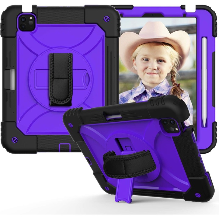 Tábla tok iPad Air 5/Air 4/Pro 11", lila, állvánnyal és állítható pánttal, hármas kivitel