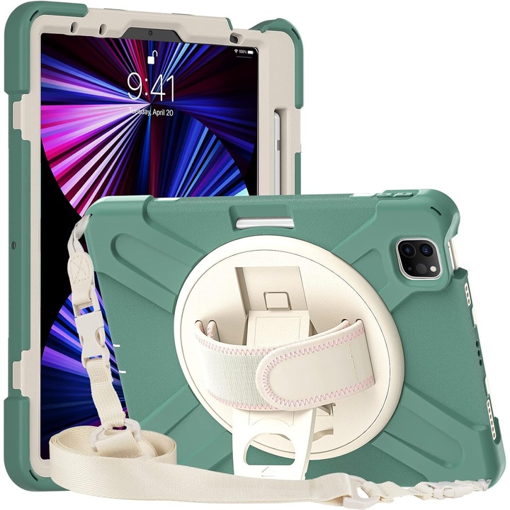Tok iPad Pro 11", zöld, állvánnyal és állítható pánttal, három réteg védelemmel