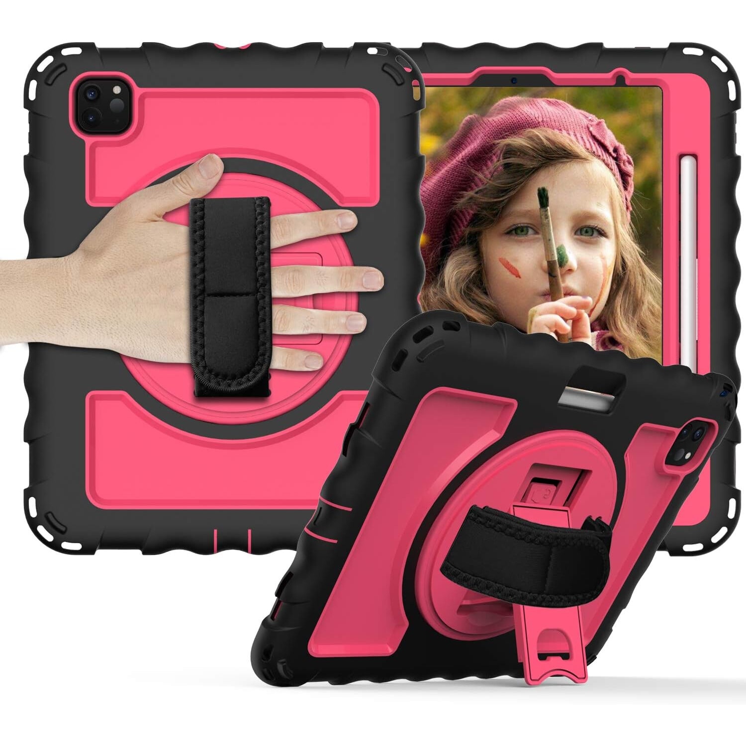 Husa tableta iPad Air 5/Air 4/Pro 11", roz, cu suport si curea reglabila, trei straturi de protectie