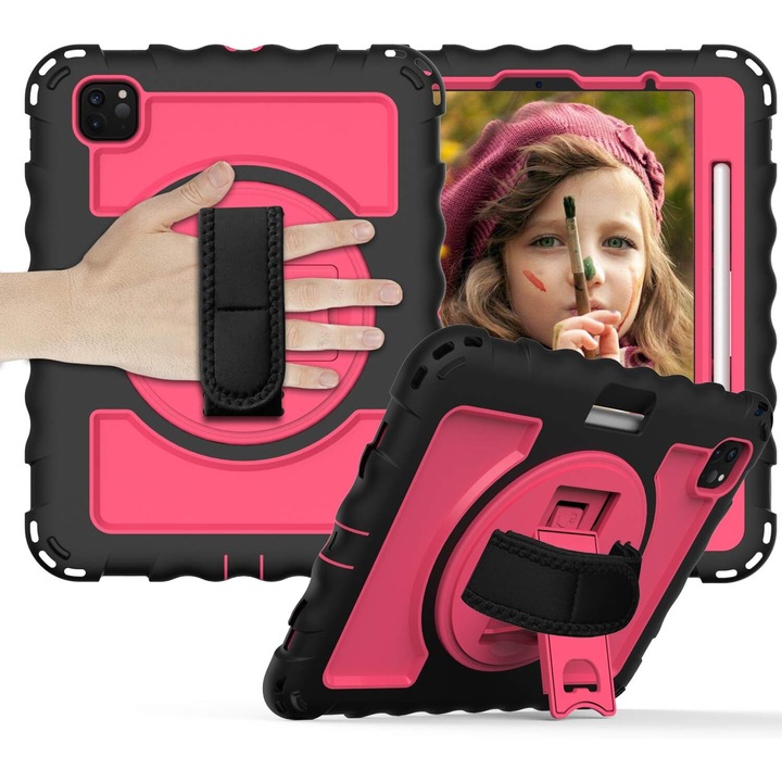 Husa tableta iPad Air 5/Air 4/Pro 11", roz, cu suport si curea reglabila, trei straturi de protectie