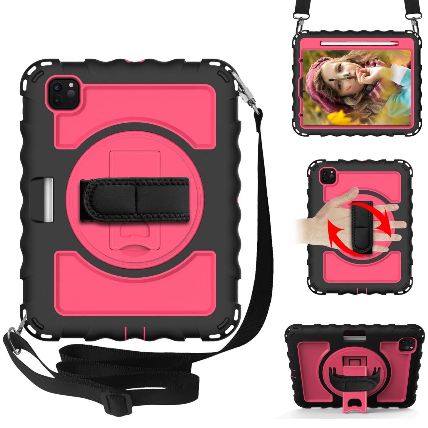 Husa tableta iPad Air 5/Air 4/Pro 11", roz, cu suport si curea reglabila, trei straturi de protectie
