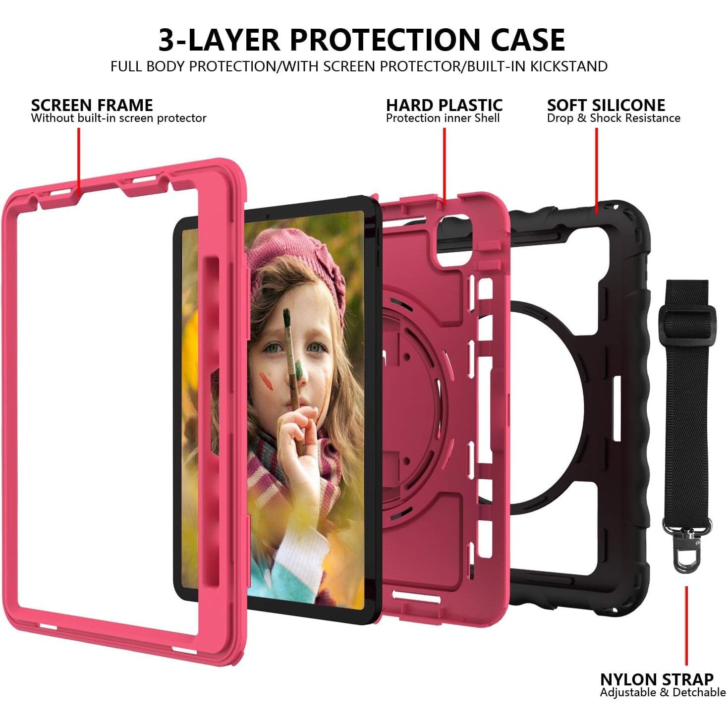 Husa tableta iPad Air 5/Air 4/Pro 11", roz, cu suport si curea reglabila, trei straturi de protectie