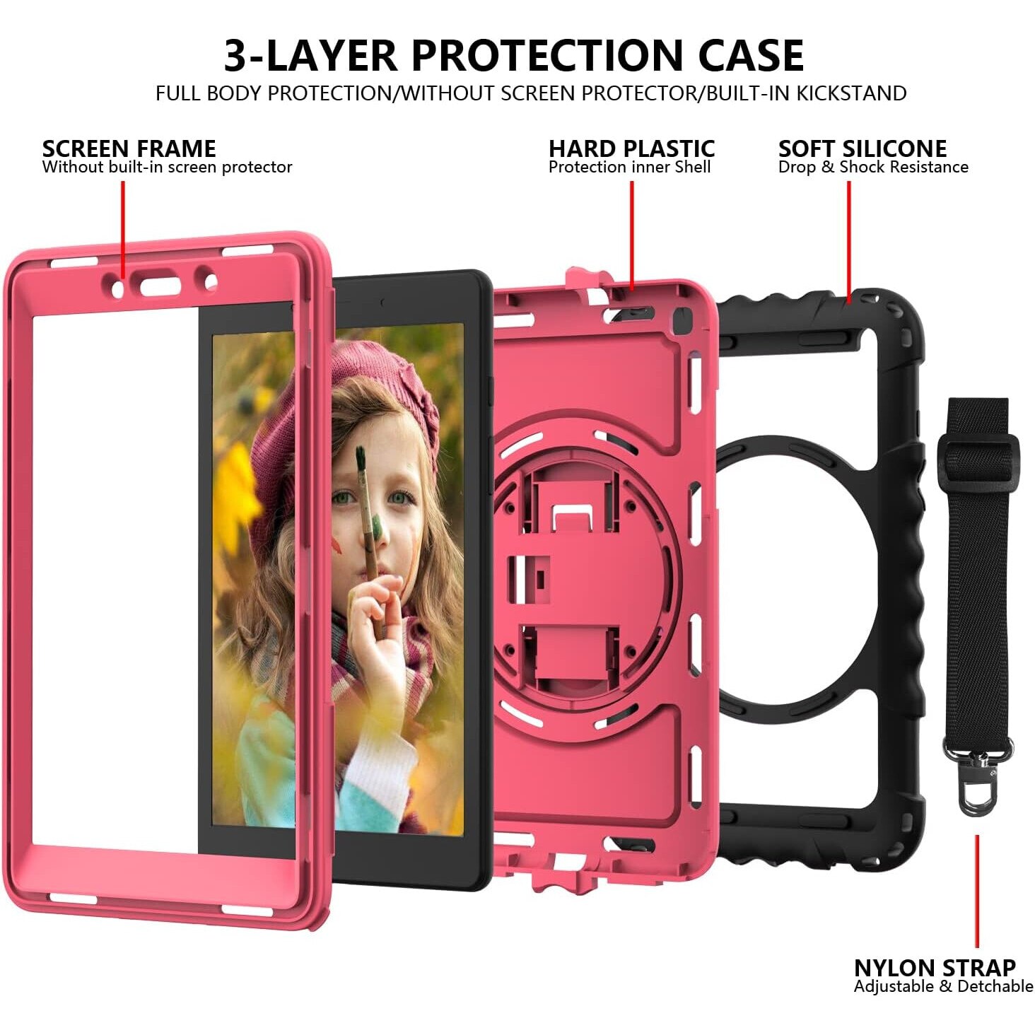 Husa tableta, Samsung Galaxy Tab A 8.4", 3 straturi, roz, cu suport si curea ajustabila