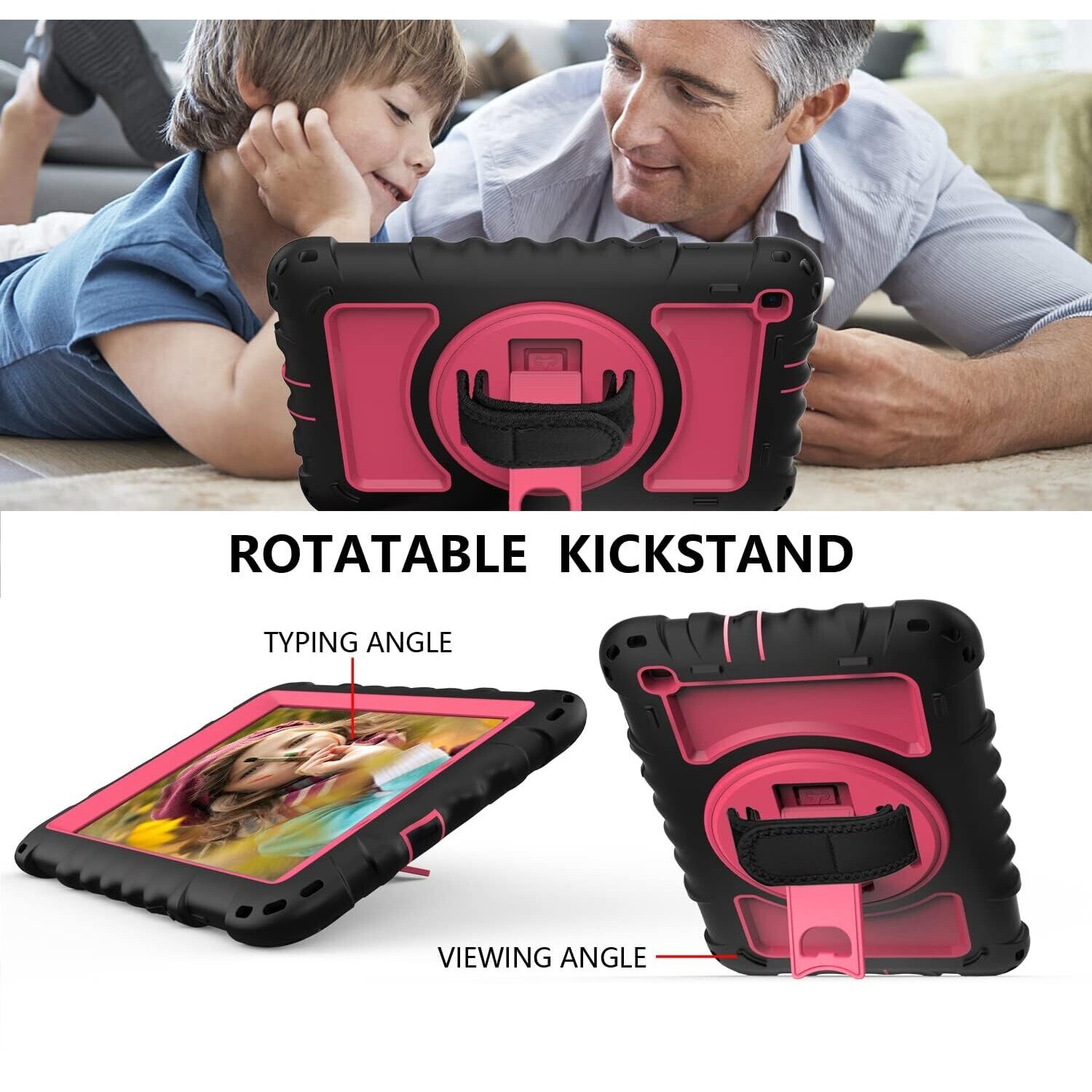 Husa tableta, Samsung Galaxy Tab A 8.4", 3 straturi, roz, cu suport si curea ajustabila