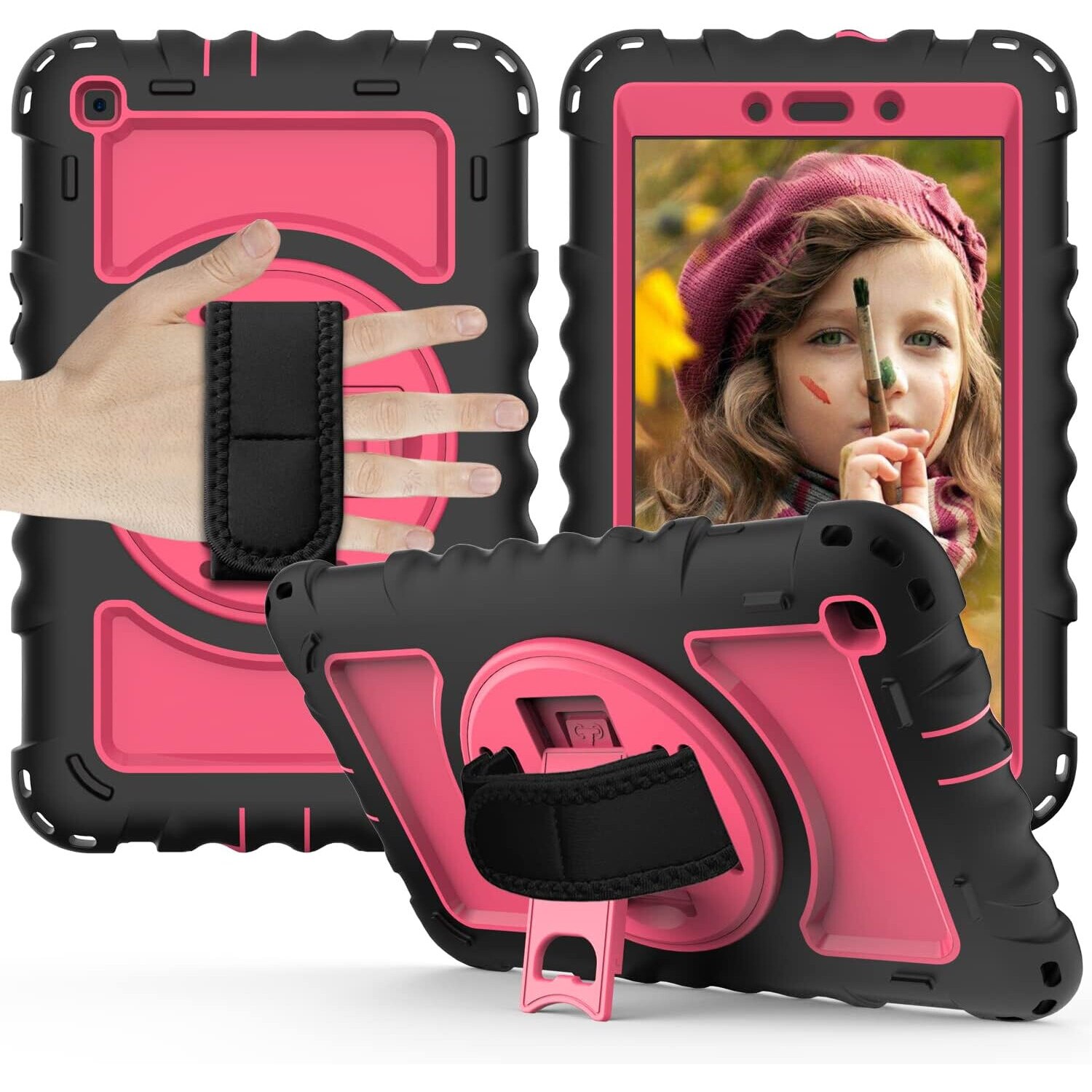 Husa tableta, Samsung Galaxy Tab A 8.4", 3 straturi, roz, cu suport si curea ajustabila