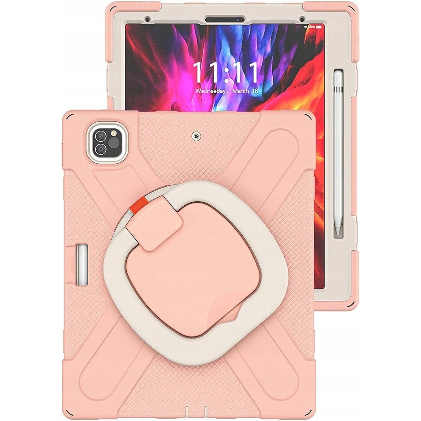 Husa pentru tableta iPad Pro 12.9", roz, cu suport si curea reglabila, trei straturi de protectie