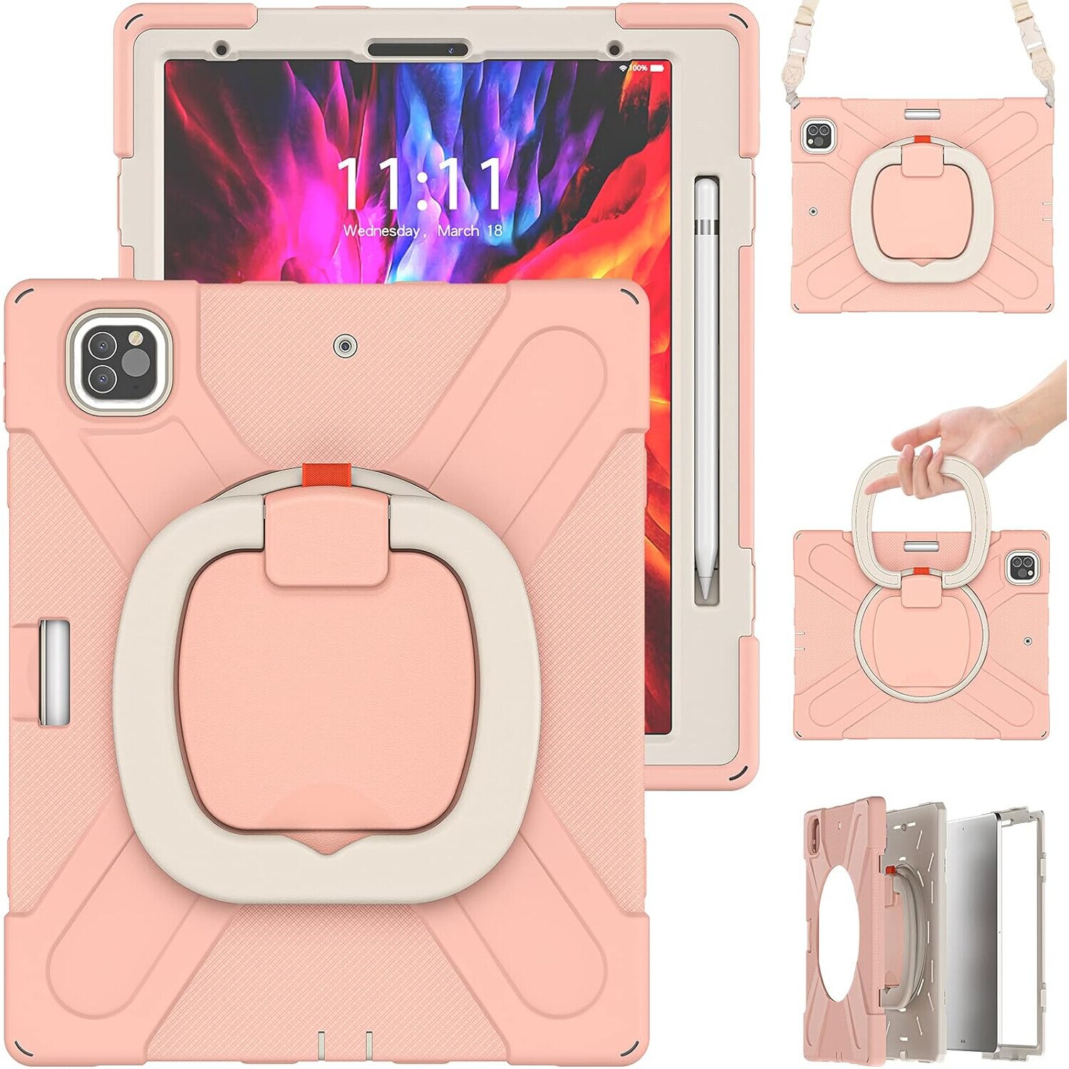 Husa pentru tableta iPad Pro 12.9", roz, cu suport si curea reglabila, trei straturi de protectie