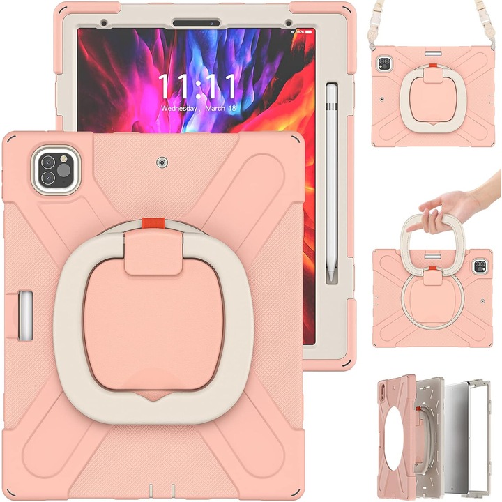 Husa pentru tableta iPad Pro 12.9", roz, cu suport si curea reglabila, trei straturi de protectie