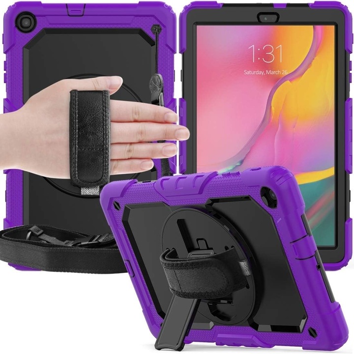 Husa tableta cu suport si curea, pentru Samsung Galaxy Tab A8, violet, 3 straturi, protectie completa