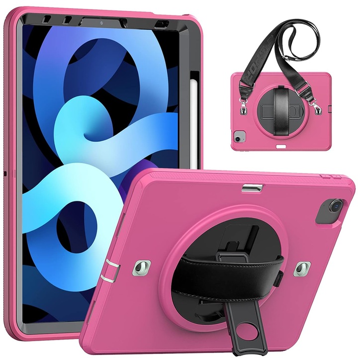 Husa tableta iPad 6/5 9.7", roz, cu suport si curea reglabila, trei straturi de protectie