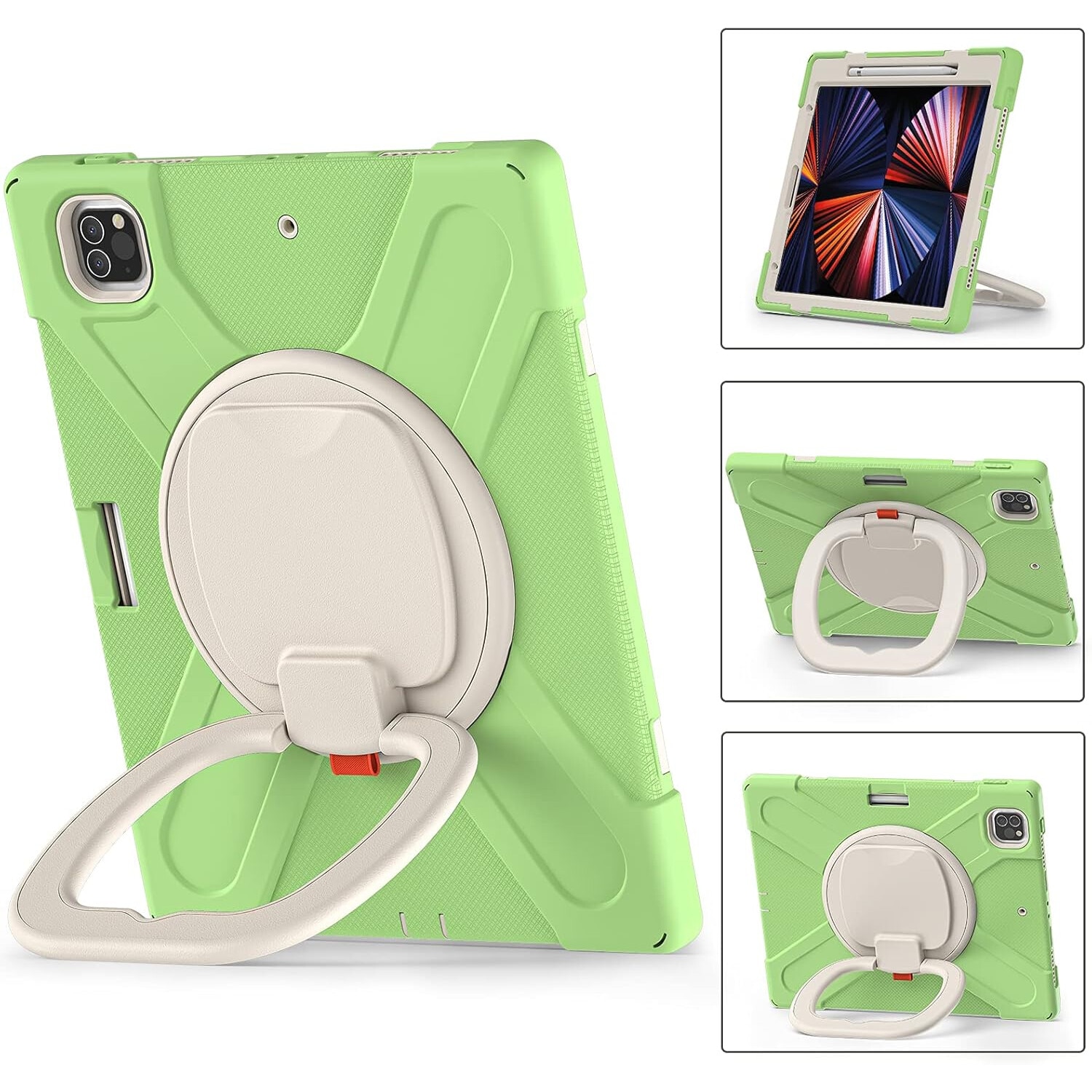 Husa pentru iPad Pro 12.9", verde, cu suport rotativ si loc pentru stylus, trei straturi de protectie