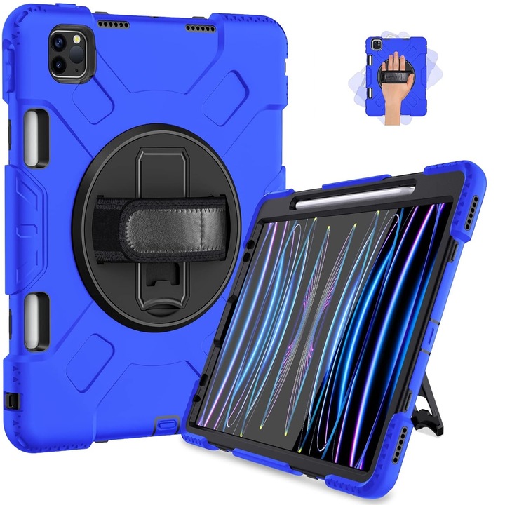 Tok iPad Pro 12,9" készlethez, 3 rétegű, forgatható állvány, kék