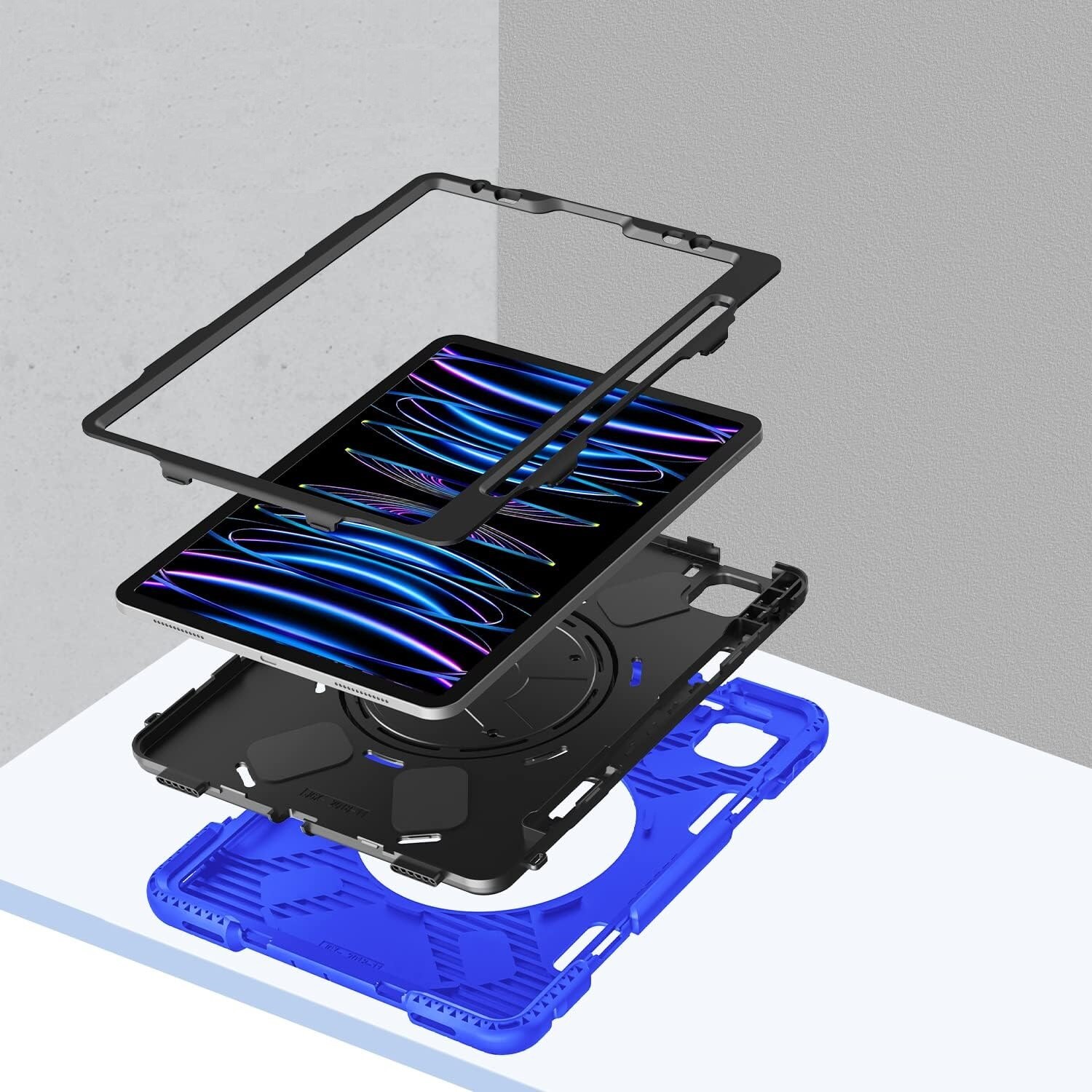 Husa pentru iPad Pro 12.9" set, 3 straturi, suport rotativ, albastra