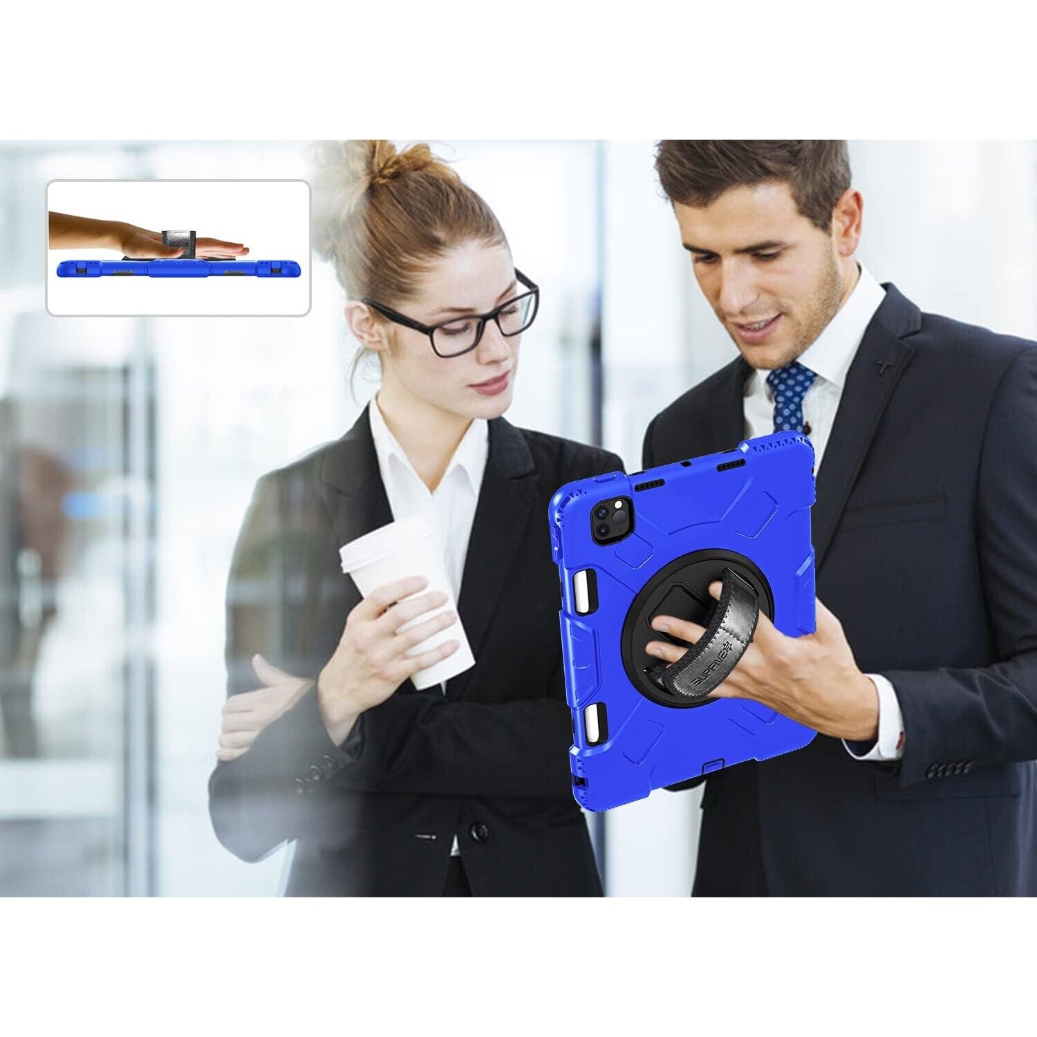 Husa pentru iPad Pro 12.9" set, 3 straturi, suport rotativ, albastra