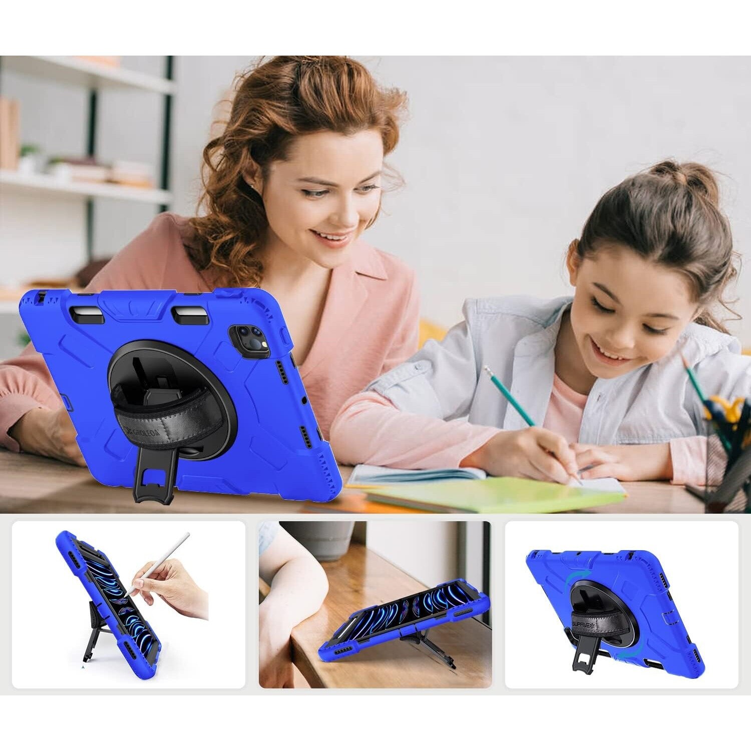 Husa pentru iPad Pro 12.9" set, 3 straturi, suport rotativ, albastra