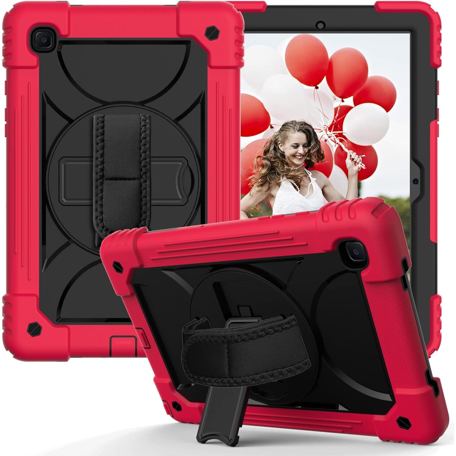 Husa tableta, Samsung Galaxy Tab A 10.1", rosie, cu suport si curea reglabila, trei straturi de protectie