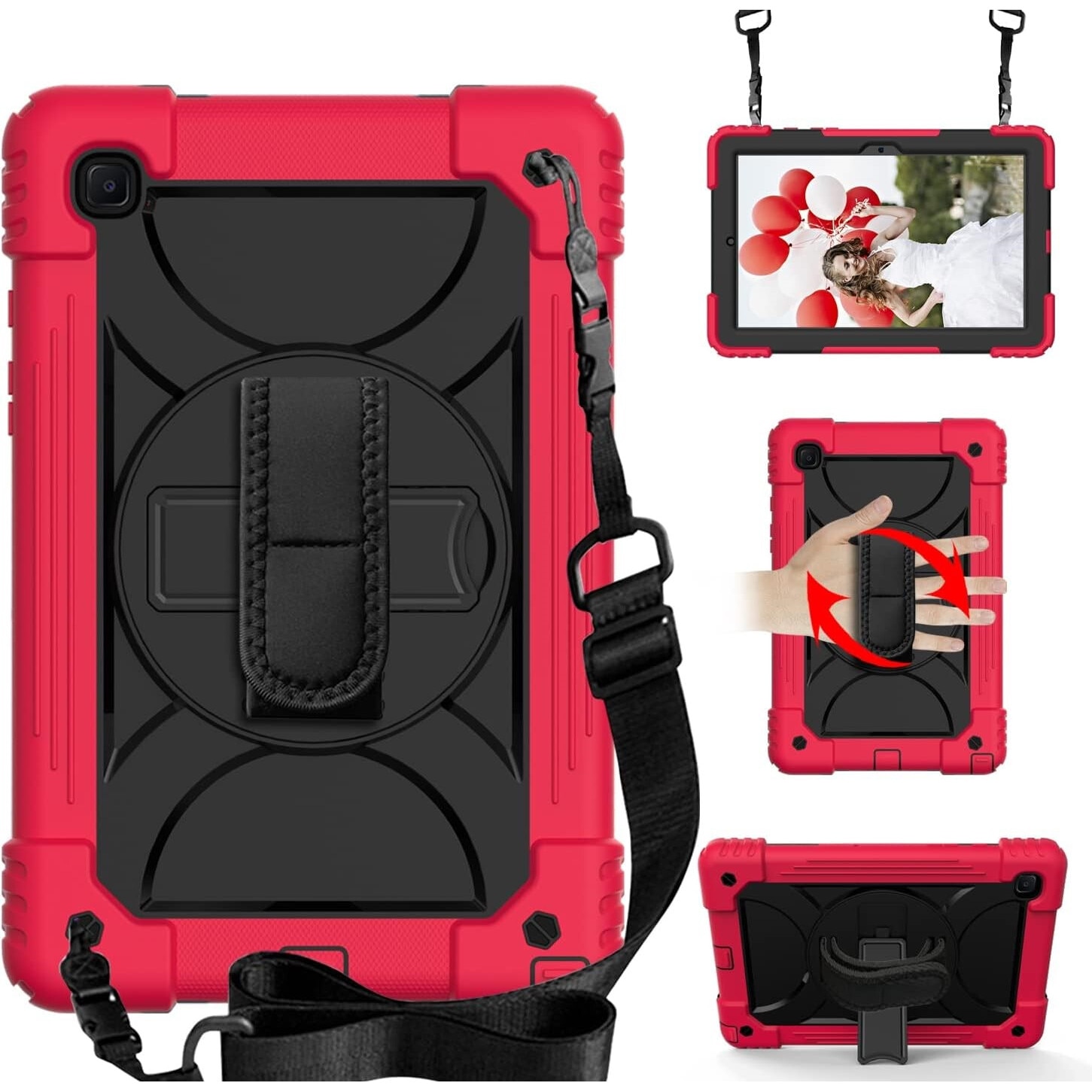Husa tableta, Samsung Galaxy Tab A 10.1", rosie, cu suport si curea reglabila, trei straturi de protectie