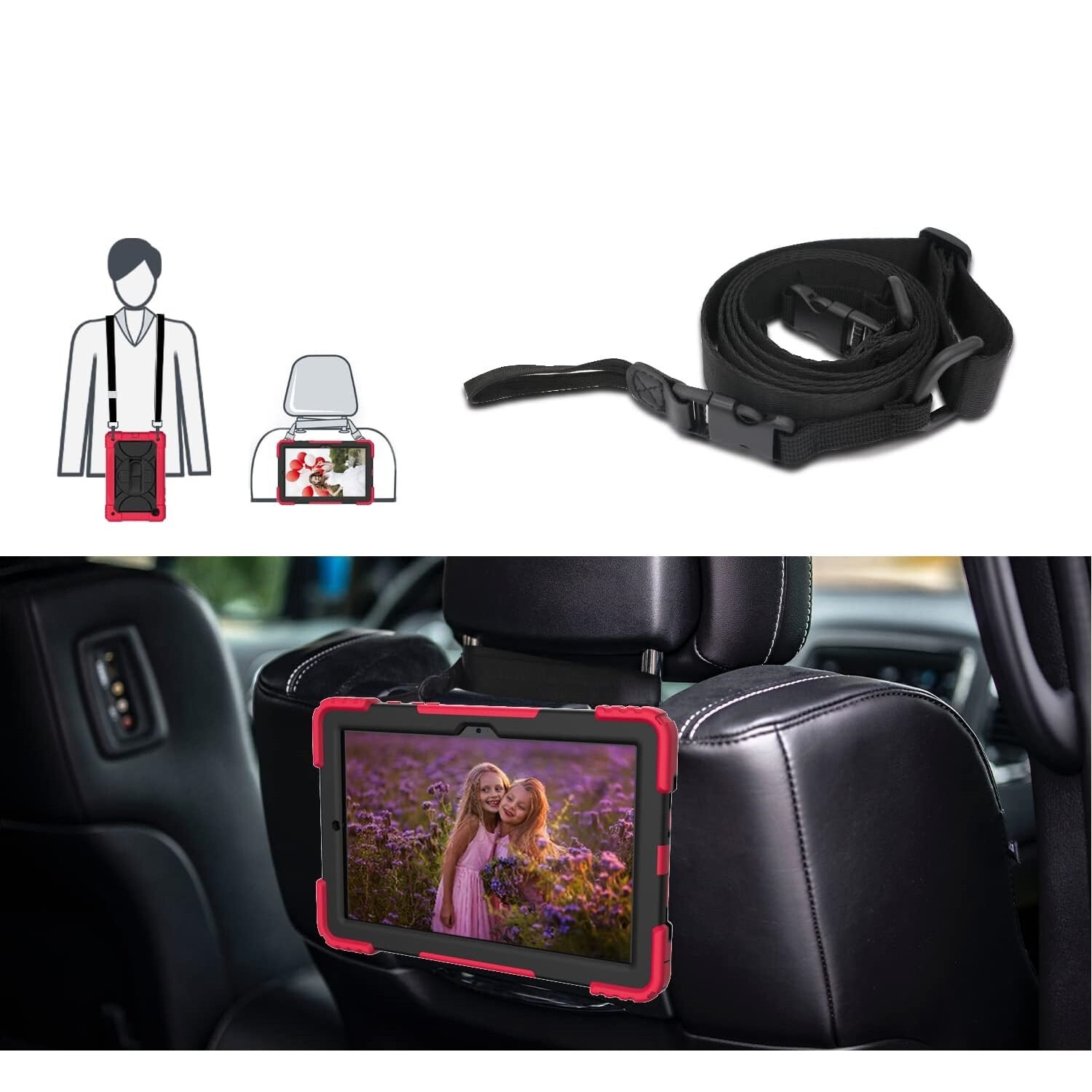 Husa tableta, Samsung Galaxy Tab A 10.1", rosie, cu suport si curea reglabila, trei straturi de protectie