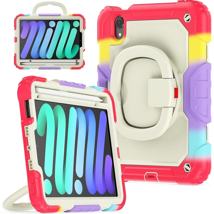 Husa pentru iPad Mini 6 8.3", 3 straturi, suport rotativ 360°, loc pentru stilou, colorata