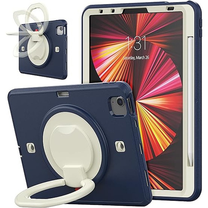 Husa pentru tableta iPad Air 5/Air 4/Pro 11", 3 straturi, suport rotativ, loc pentru stilou, bleumarin