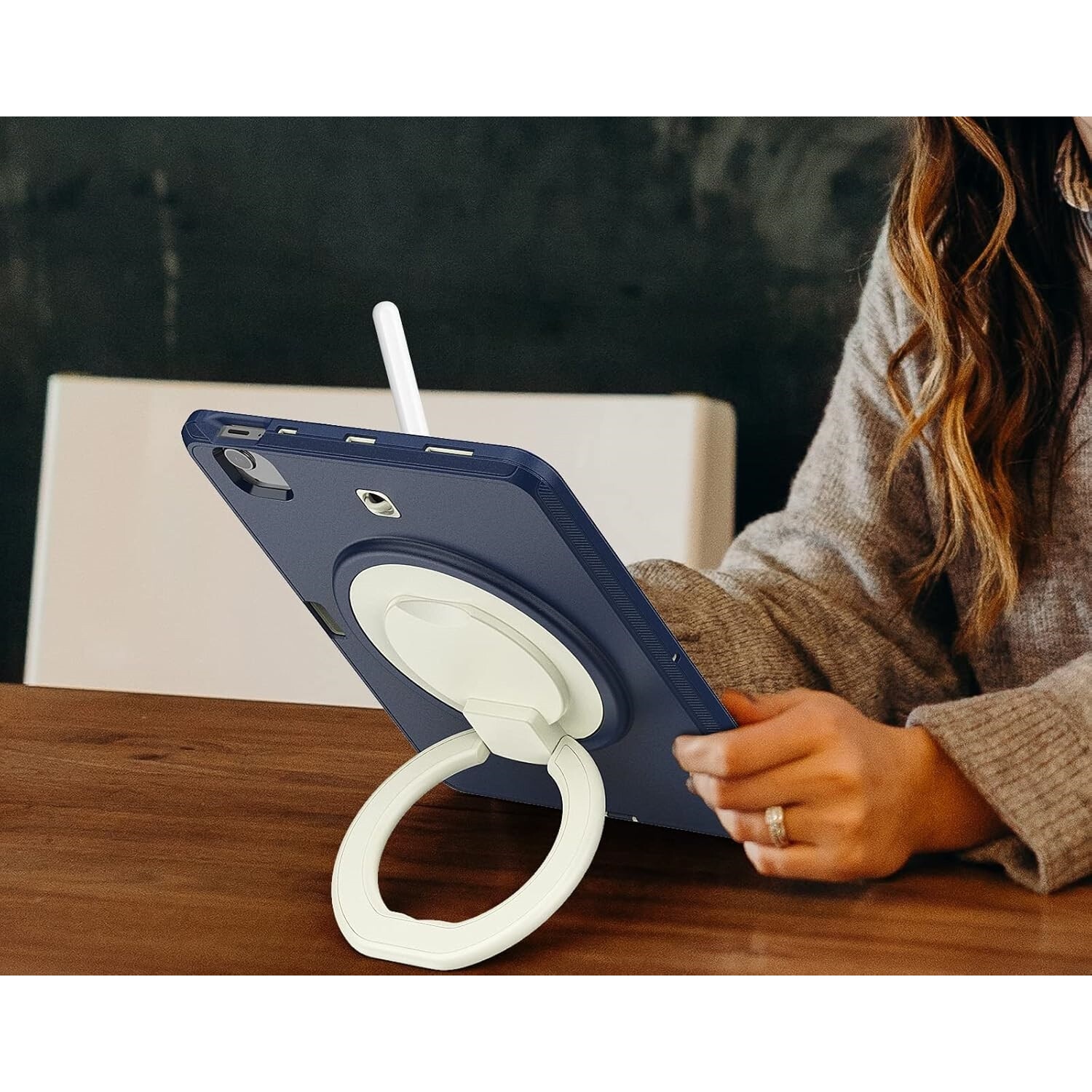 Husa pentru tableta iPad Air 5/Air 4/Pro 11", 3 straturi, suport rotativ, loc pentru stilou, bleumarin