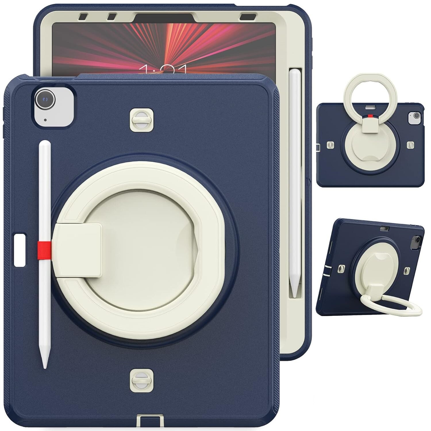 Husa pentru tableta iPad Air 5/Air 4/Pro 11", 3 straturi, suport rotativ, loc pentru stilou, bleumarin