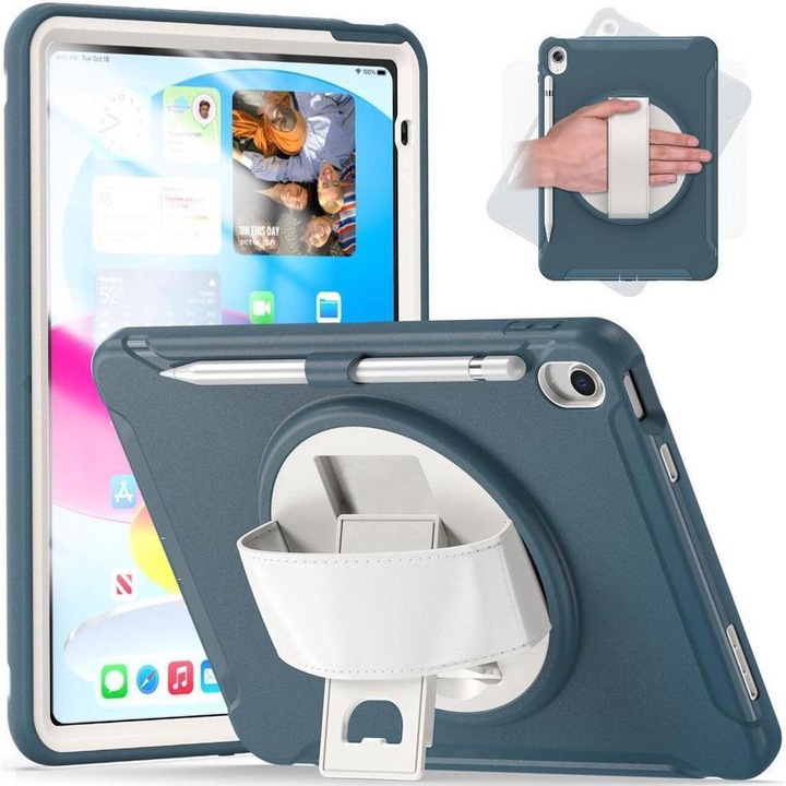 Husa pentru tableta iPad Air 3/Pro 10.5", cu suport rotativ, loc pentru stilou, albastra
