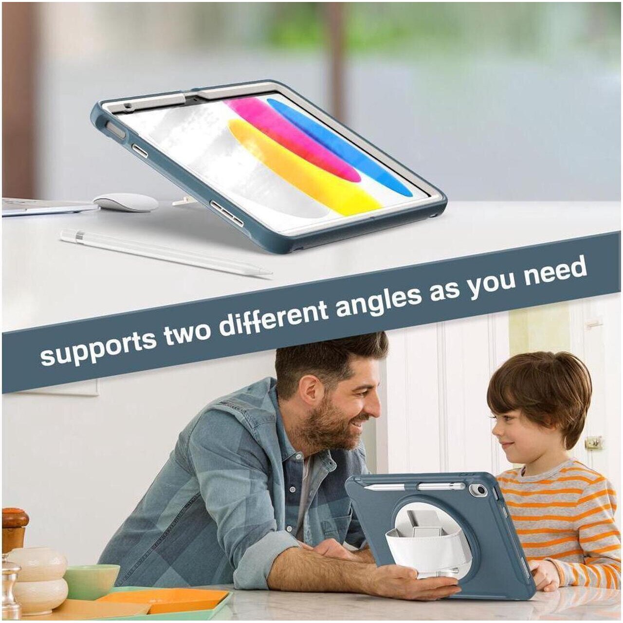 Husa pentru tableta iPad Air 3/Pro 10.5", cu suport rotativ, loc pentru stilou, albastra