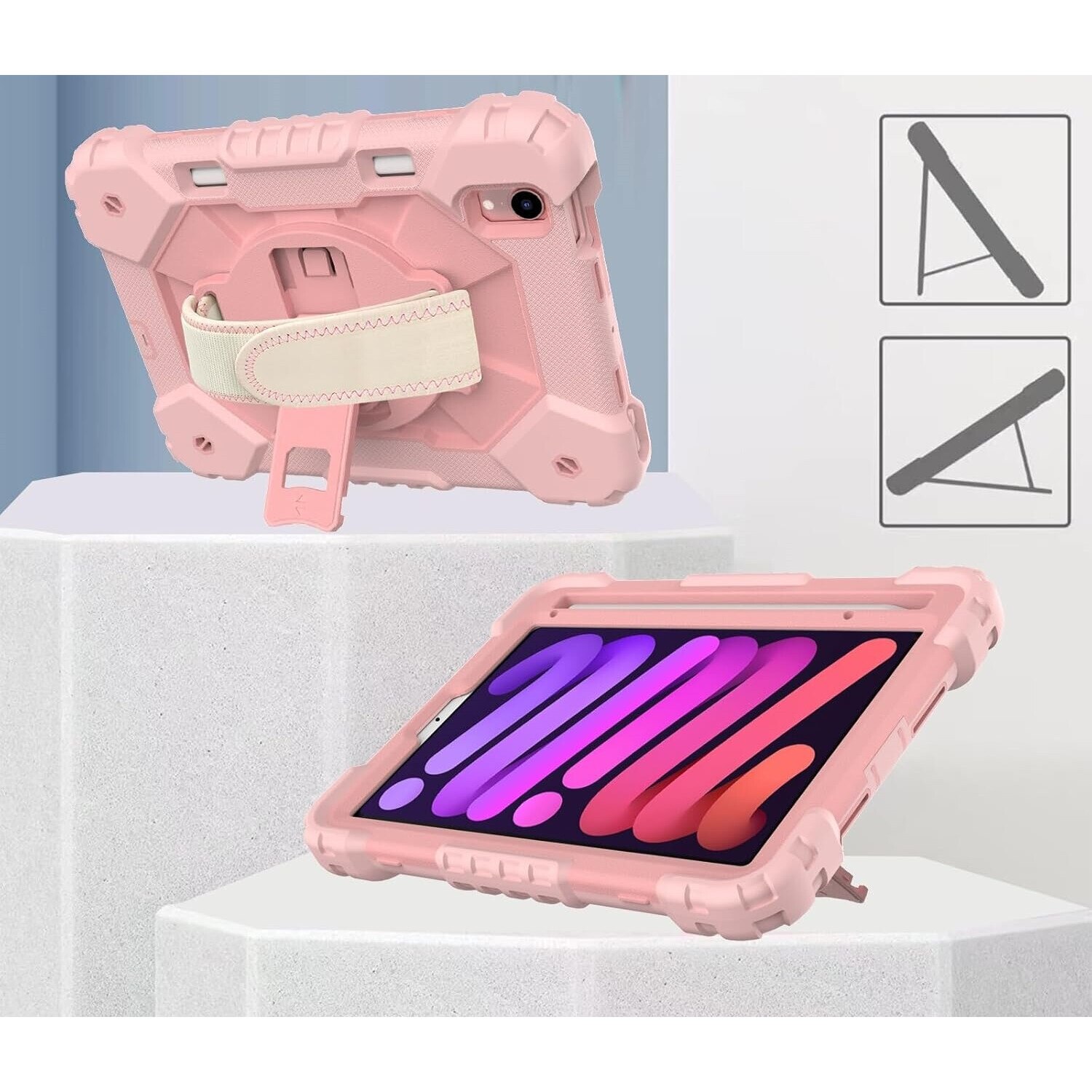 Husa pentru iPad Mini 6 8,3", roz, cu suport si curea reglabila