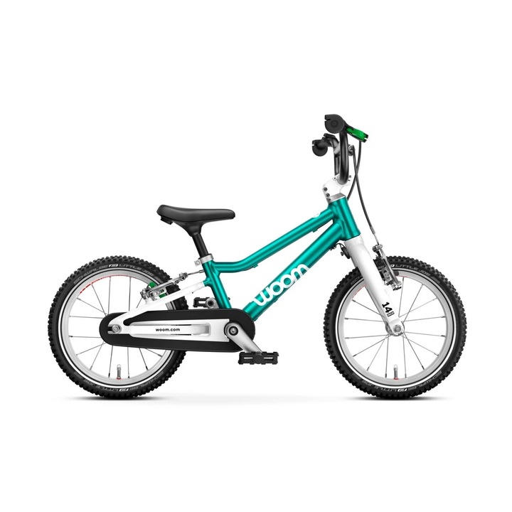 Bicicletă copii Woom Go 2, roți 14", metalic petrol, greutate 5 kg, set cu unelte inclus