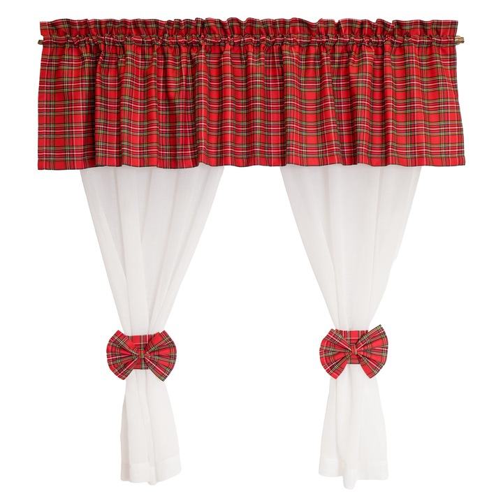 Perdea bucatarie, bumbac alb cu imprimeu, carouri rosii, rejansa 6 cm, 250x160 DolceSara 057